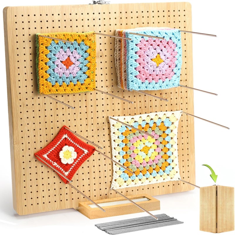 Aulin 15.5"" x 15.5"" Foldable Crochet Blocking Board with Pegs | 35 Stainless Steel Rod Pins - Upgrade Large Blocking Boards for Crochet Projects, Gifts for Crocheters, Mothers, Grandmothers - Image 1